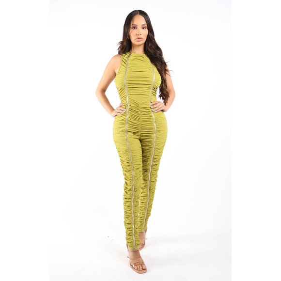 Women Track Zipper AllOver Ruched Jumpsuit Ruffle Dress Bodycon One Piece Romper - Picture 8 of 9